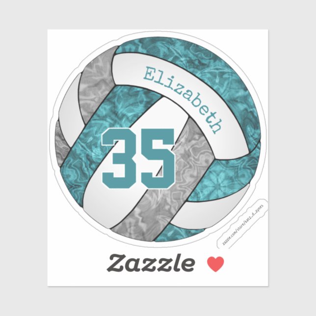 teal gray white volleyball girls name number sticker (Sheet)