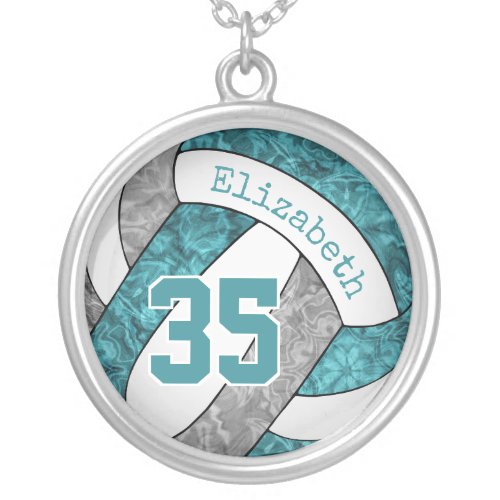 teal gray white volleyball girls sports gifts silver plated necklace