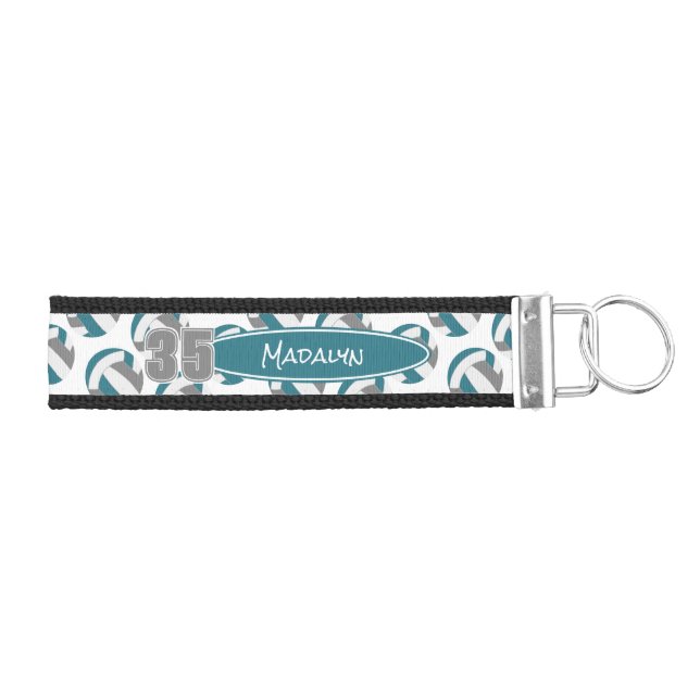 teal gray white volleyballs athlete name wrist keychain (Keys on Right)