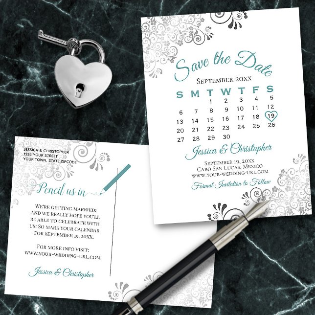 Teal, Gray & White Wedding Save the Date Calendar Announcement Postcard (In Situ Front/Back)