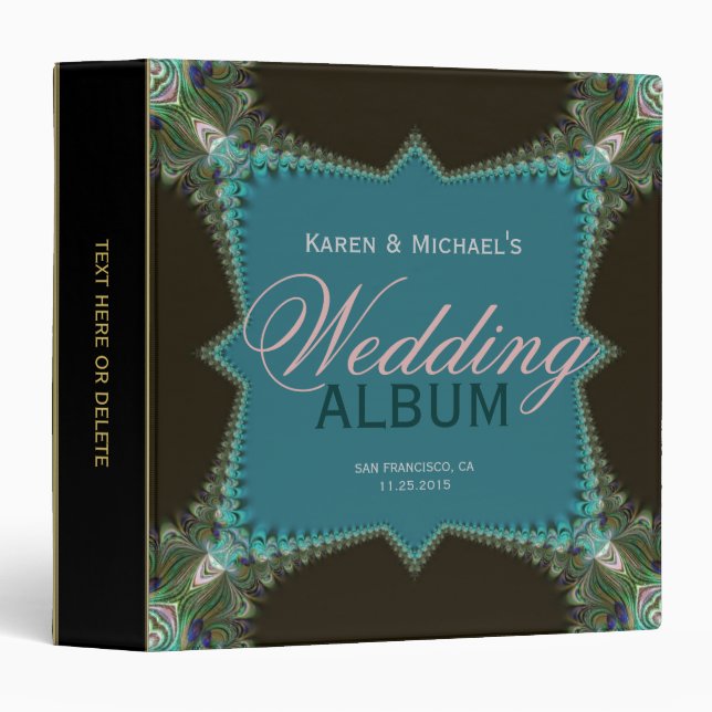 Teal Gree Fractal Peacock Lace Wedding Album Binder (Front/Spine)