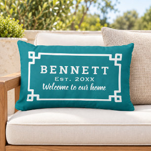 Teal Greek Key Monogram Welcome Lumbar Pillow