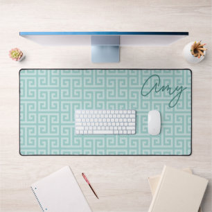 Teal Greek Key Pattern Monoline Name Desk Mat