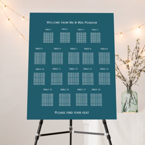 Teal green 18 table wedding seating chart  foam board