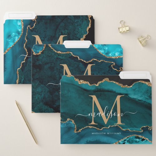 Teal Green Agate Geode Gold Glitter Chic Monogram File Folder