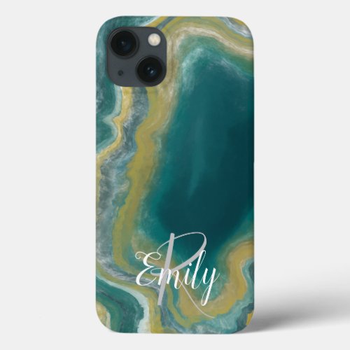 Teal Green Agate Marble Abstract Name Monogram iPhone 13 Case
