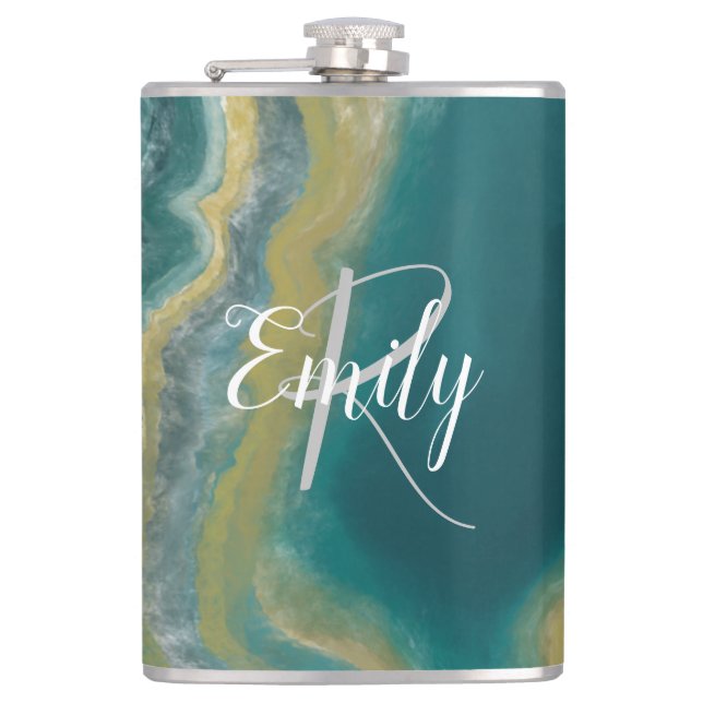 Teal Green Agate Marble Abstract Name Monogram Flask (Front)