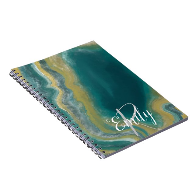 Teal Green Agate Marble Abstract Name Monogram Notebook (Right Side)