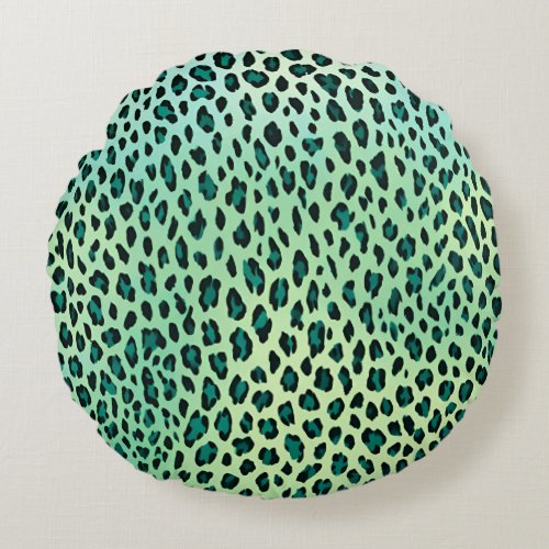 Teal Green And Blue Leopard Print  Round Pillow