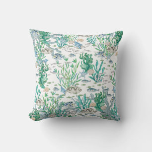 Teal Green And Blue Ocean Sealife Shells And Fish Throw Pillow