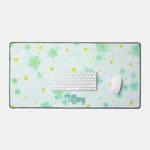 Teal Green and Blues Flower Power with Name Desk Mat