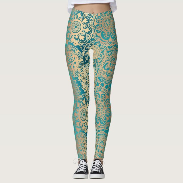 Teal Green and Gold Boho Mandala Pattern Yoga Leggings (Front)