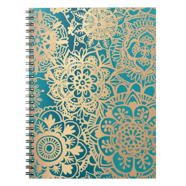 Teal Green and Gold Floral Mandala Pattern Notebook (Front)
