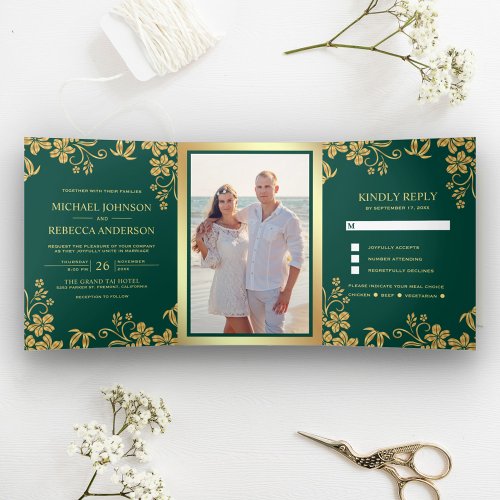 Teal Green and Gold Foil Floral Leaves Wedding Tri_Fold Invitation