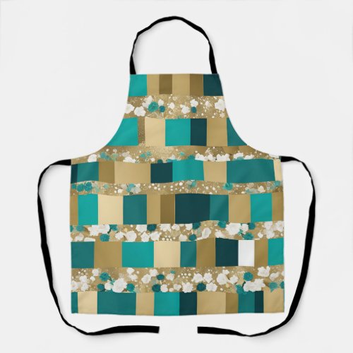 Teal Green And Gold Geometric Pattern With Flowers Apron