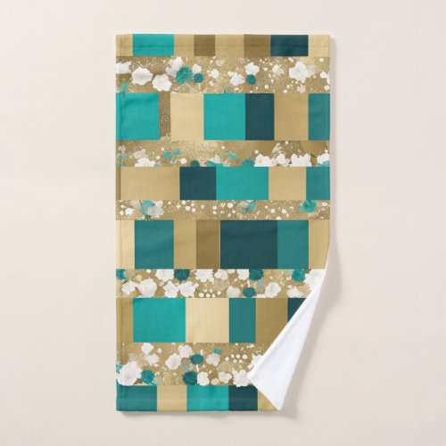 Teal Green And Gold Geometric Pattern With Flowers Hand Towel