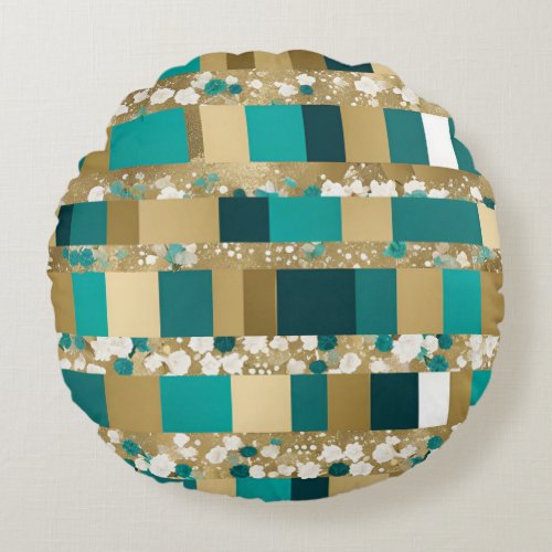 Teal Green And Gold Geometric Pattern With Flowers Round Pillow