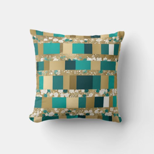 Teal Green And Gold Geometric Pattern With Flowers Throw Pillow