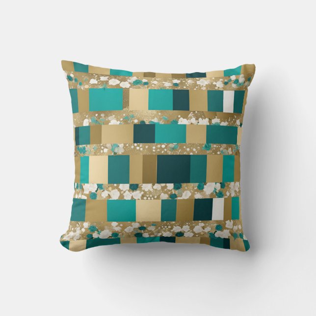 Teal Green And Gold Geometric Pattern With Flowers Throw Pillow (Front)