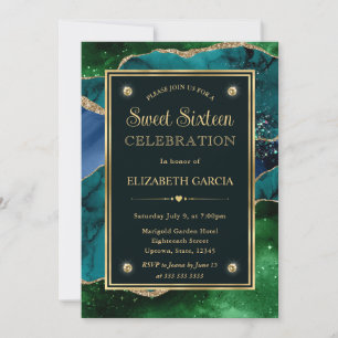 Teal, Green and Gold Glitter Agate Sweet Sixteen Invitation