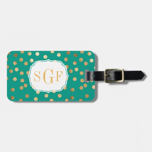 Teal Green and Gold Glitter City Dots Monogram Luggage Tag