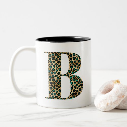 Teal Green and Gold Leopard Glam Monogram B Two_Tone Coffee Mug