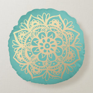 Teal Green and Gold Mandala Flower Round Pillow
