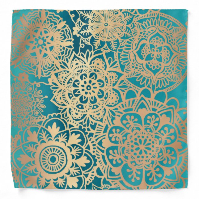 Teal Green and Gold Mandala Pattern Bandana (Front)
