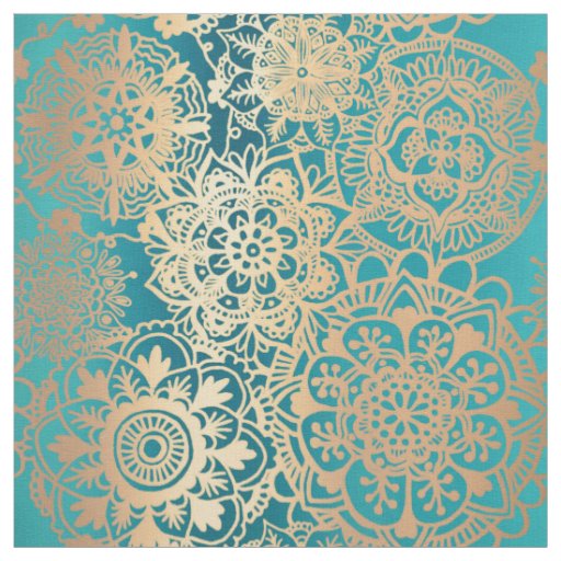 Teal Green and Gold Mandala Pattern Fabric