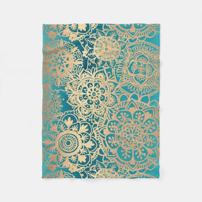 Teal Green and Gold Mandala Pattern Fleece Blanket (Front)