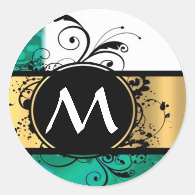 Teal green and gold monogram classic round sticker (Front)