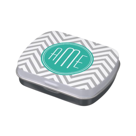 Teal Green and Gray Chevron Pattern and Monogram Candy Tin (Side)