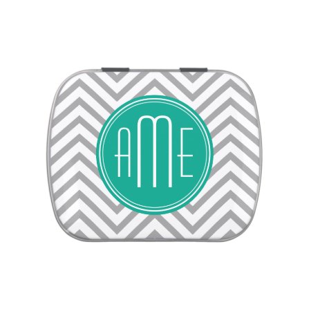 Teal Green And Gray Chevron Pattern And Monogram Candy Tin