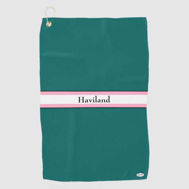 Teal Green and Pink Personalized Golf Towel HAMbWG (Front)