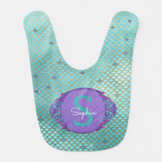 Teal Green and Purple Mermaid Scales Monogram Baby Bib (Front)