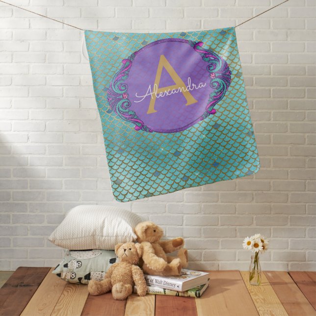 Teal Green and Purple Mermaid Scales Monogram Baby Blanket (In Situ)
