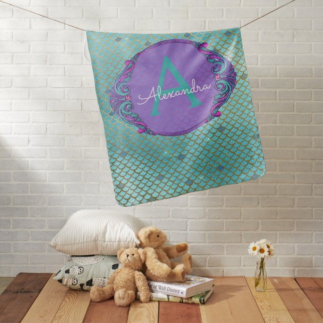 Teal Green and Purple Mermaid Scales Monogram Baby Blanket (In Situ)