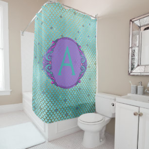 Teal Green and Purple Mermaid Scales Monogram Shower Curtain