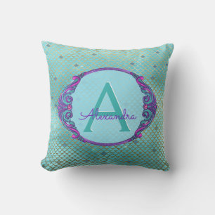 Teal Green and Purple Mermaid Scales Monogram Throw Pillow