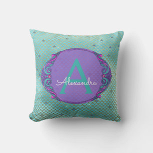 Teal Green and Purple Mermaid Scales Monogram Throw Pillow