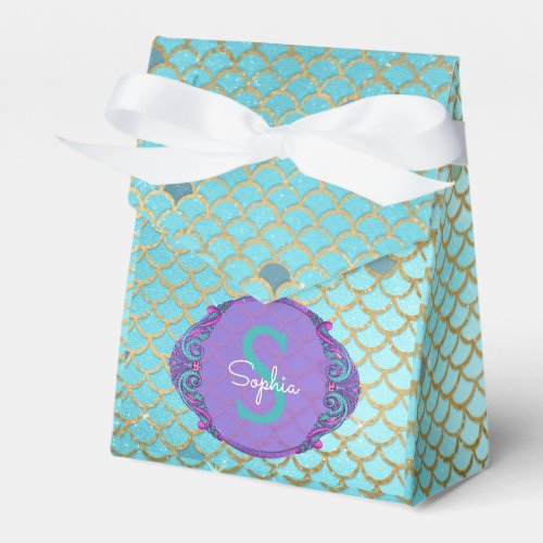 Teal Green and Purple Mermaid Scales Monogrammed Favor Boxes