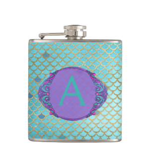 Teal Green and Purple Mermaid Scales Monogrammed Flask