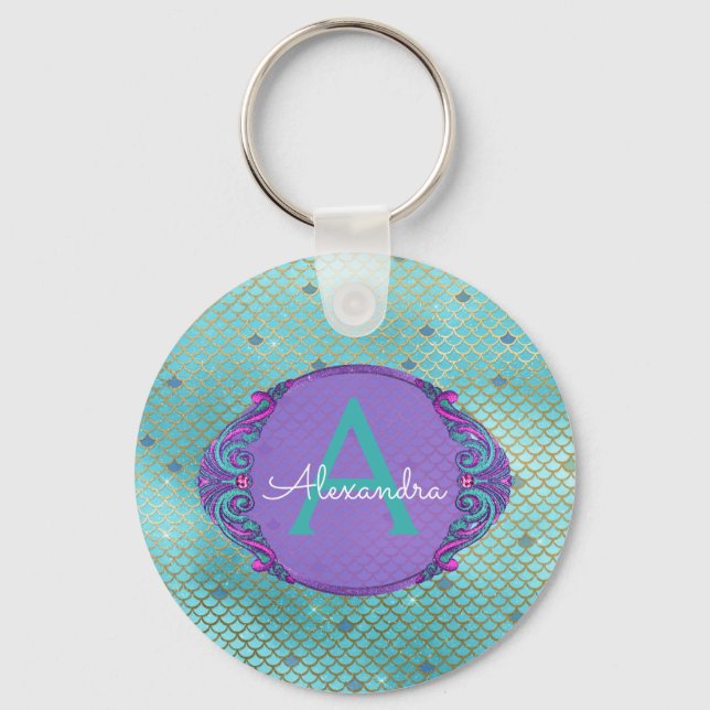 Teal Green and Purple Mermaid Scales Monogrammed Keychain (Front)