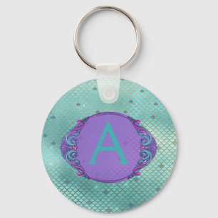 Teal Green and Purple Mermaid Scales Monogrammed Keychain