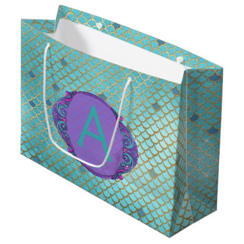 Teal Green and Purple Mermaid Scales Monogrammed Large Gift Bag