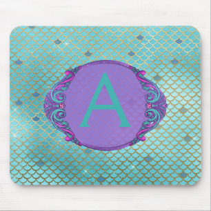 Teal Green and Purple Mermaid Scales Monogrammed Mouse Pad