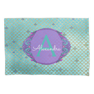 Teal Green and Purple Mermaid Scales Monogrammed Pillow Case