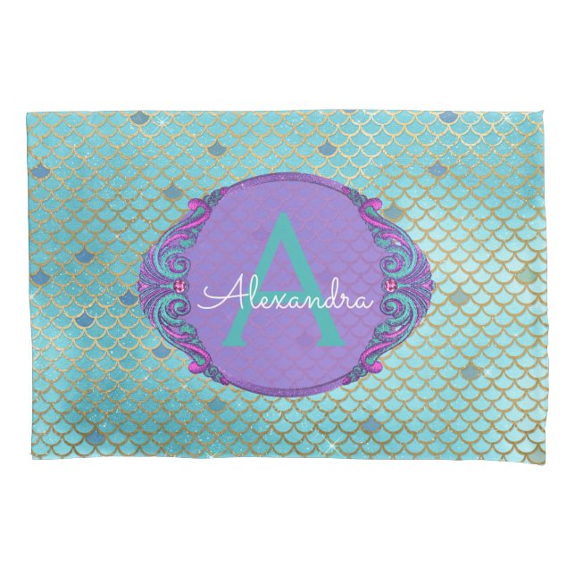 Teal Green and Purple Mermaid Scales Monogrammed Pillow Case (Front)