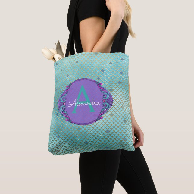 Teal Green and Purple Mermaid Scales Monogrammed Tote Bag (Close Up)