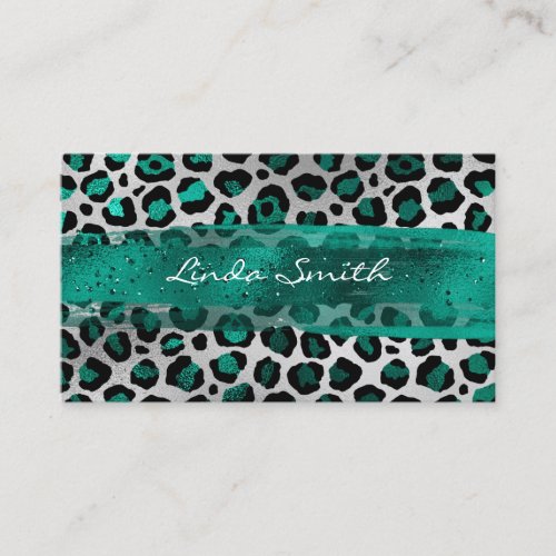 Teal Green and Silver Foil Leopard Brush Stroke Business Card